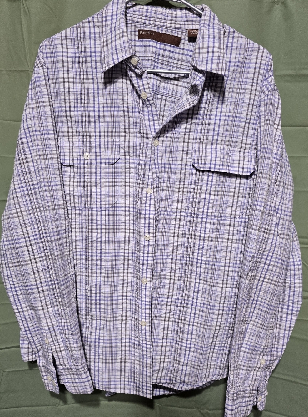 Perry Ellis Lavender and White Plaid Button-Down Shirt
